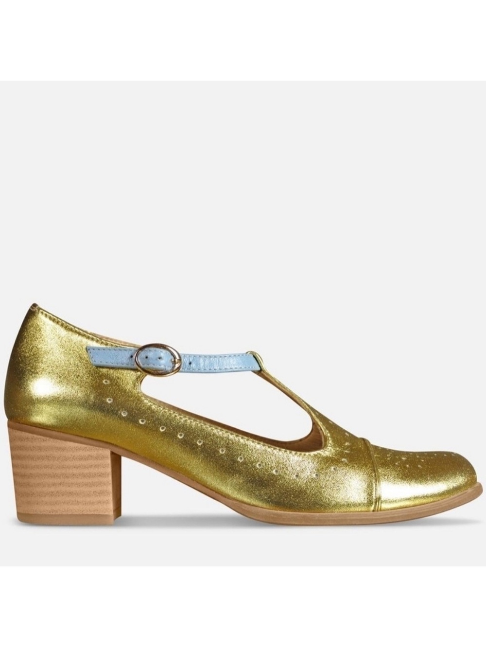 Julia Bo Handmade Gold & Blue Leather Mary Janes Block Heels Women’s EU 34 US 4